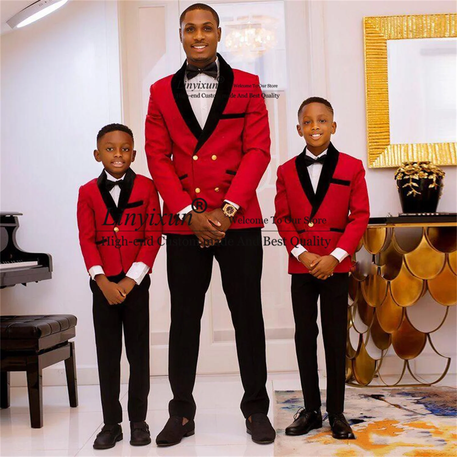 

Fashio Red Men Wedding Suits Double Breasted Black Lapel Groom Tuxedos 2 Pieces Set Male Prom Blazer Terno Masculino Kid Suits