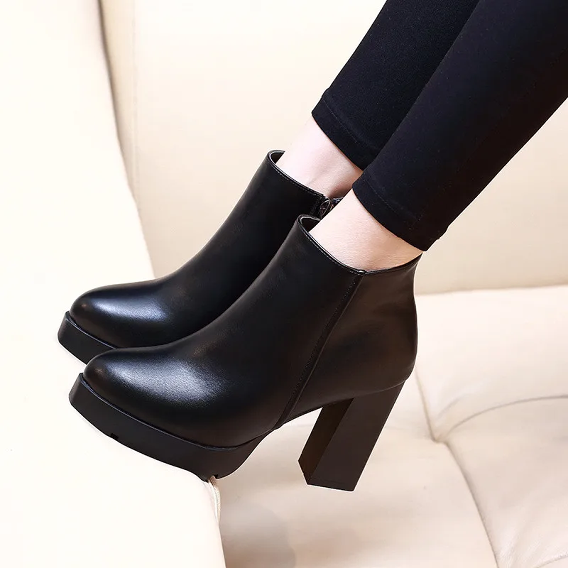Fashion Casual Zipper Pointed Toe Soft Leather Women Shoes Square High Heel Ankle Boots Black Motorcycle Boots Shoes images - 6