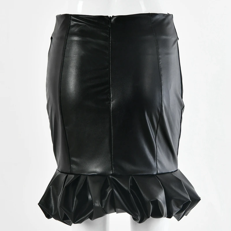 Sexy PU Leather Mermaid Skirt Women High Waist Ruffle Wrap Mini Skirt Streetwear Autumn Winter Short Black Tutu Skirts Falda