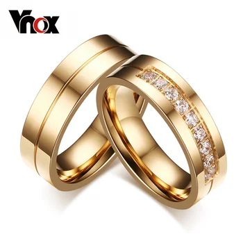 Vnox Trendy Wedding Bands Rings for Women / Men Love Gift Gold-color Stainless Steel CZ Promise Couple Jewelry 1