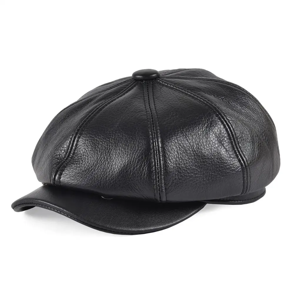 VOBOOM Genuine Leather Newsboy Cap Men Women Flat Cap Black 8 Panel