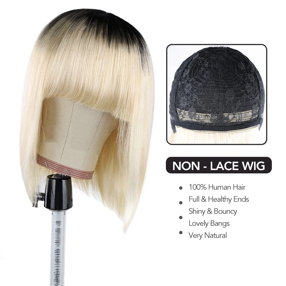 Ombre Straight Bob Wigs with Bangs Remy Brazilian Cute Bob Cut Wig blonde purple color 100% Natural Human Hair Wigs