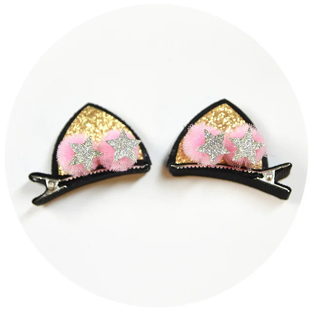 2pcs/Set Cute Hair Clips For Girls Glitter Rainbow Felt Fabric Flowers Hairpins Cat Ears Bunny Barrettes Kids Hair Accessories Gold-2