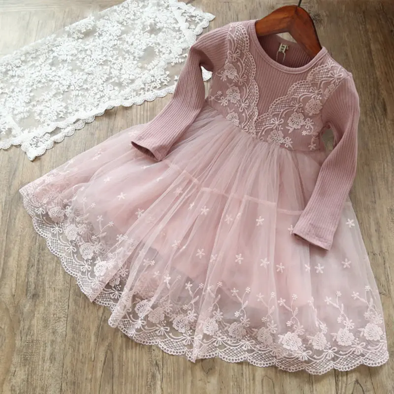 Рождественское платье для маленьких девочек; детское платье для дня рождения; детское платье с длинными рукавами для девочек; Кружевное платье-пачка принцессы «кроше» - Цвет: Розовый
