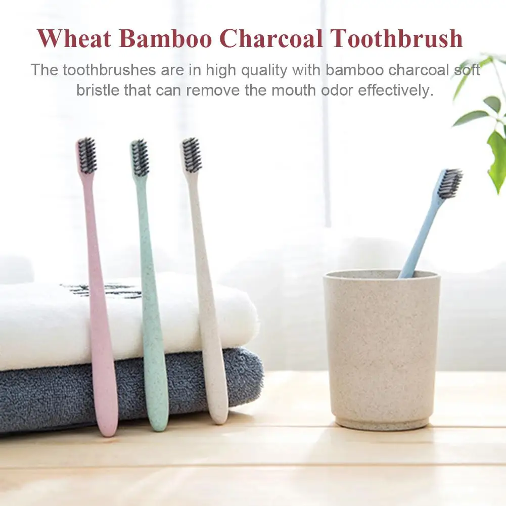 10pcs 10 Pcs Portable Travel Toothbrush Soft Bamboo Charcoal Wheat Stalk Handle Oral Care Tools Nano-antibacterial Toothbrushes