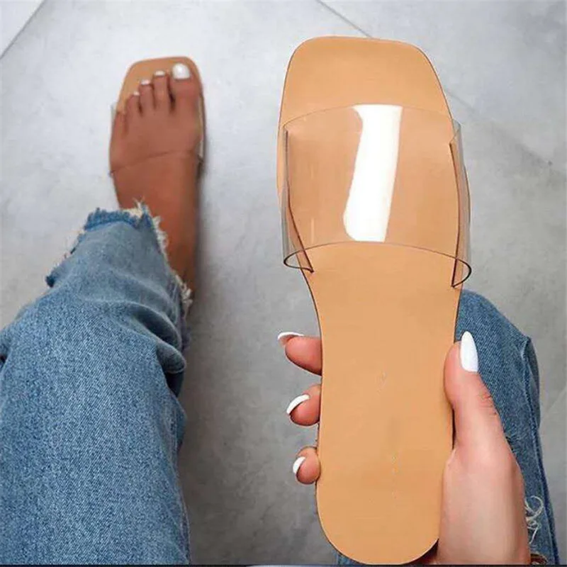 Zapatillas de punta abierta para mujer, Sandalias de tacón plano con punta cuadrada, Chanclas de playa para verano, 2021