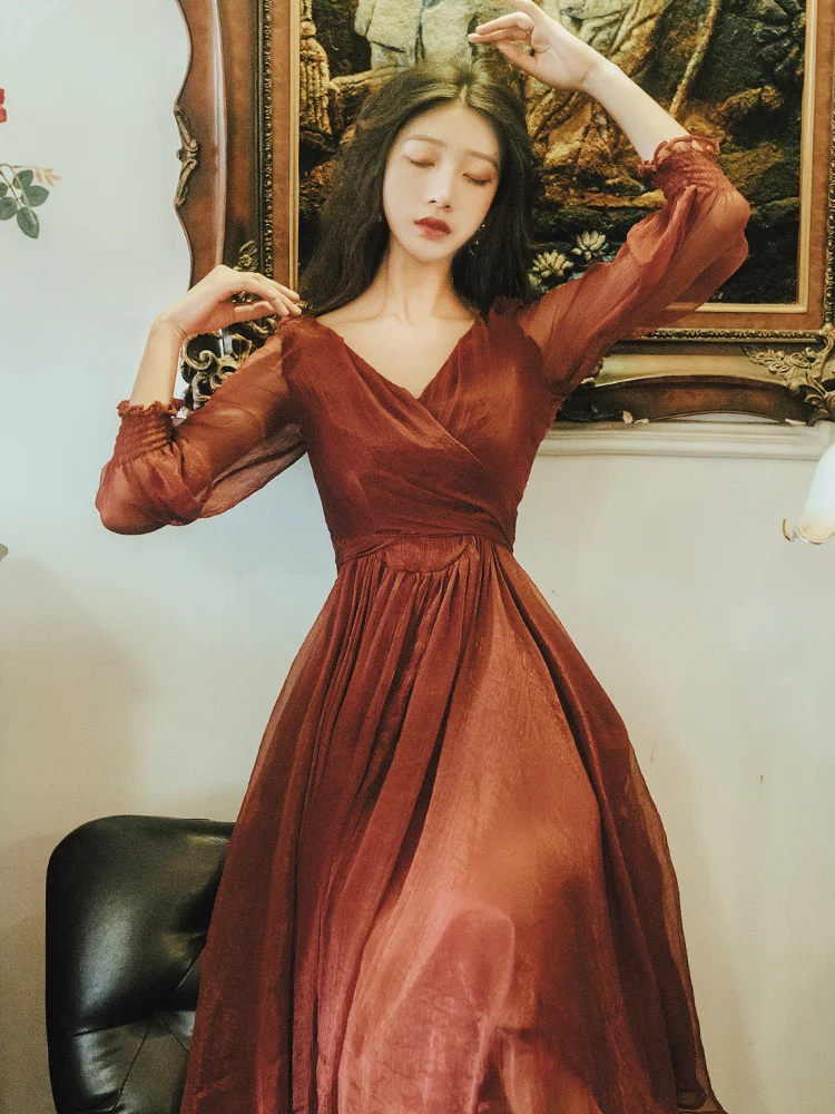 

2019 new fashion women's Red dress temperament thin V-neck long sleeve vestidos Autumn Winter