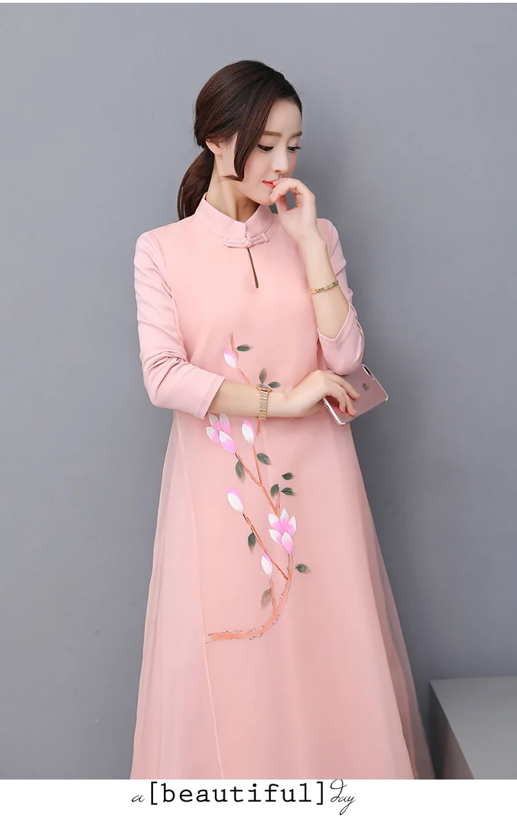 Photo Shoot Spring And Summer Retro National Wind Zen Frog Long Skirts Hand-Painted Knitted Organza Cheongsam Dress