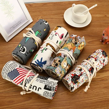 

Cute Animal Pattern 36 Holes Pencil Case Portable Canvas Art Pen Bag Pouch School Supplies Pen Storage Stationery for Student