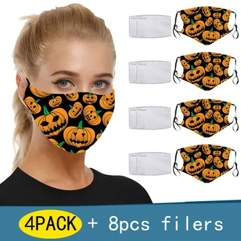 

4PCS Halloween Pumpkin Mask + 8PCS Filters Breathable Breathable Cotton Mouth Mask Fashion Adult Party Face Cover Masque Adulte