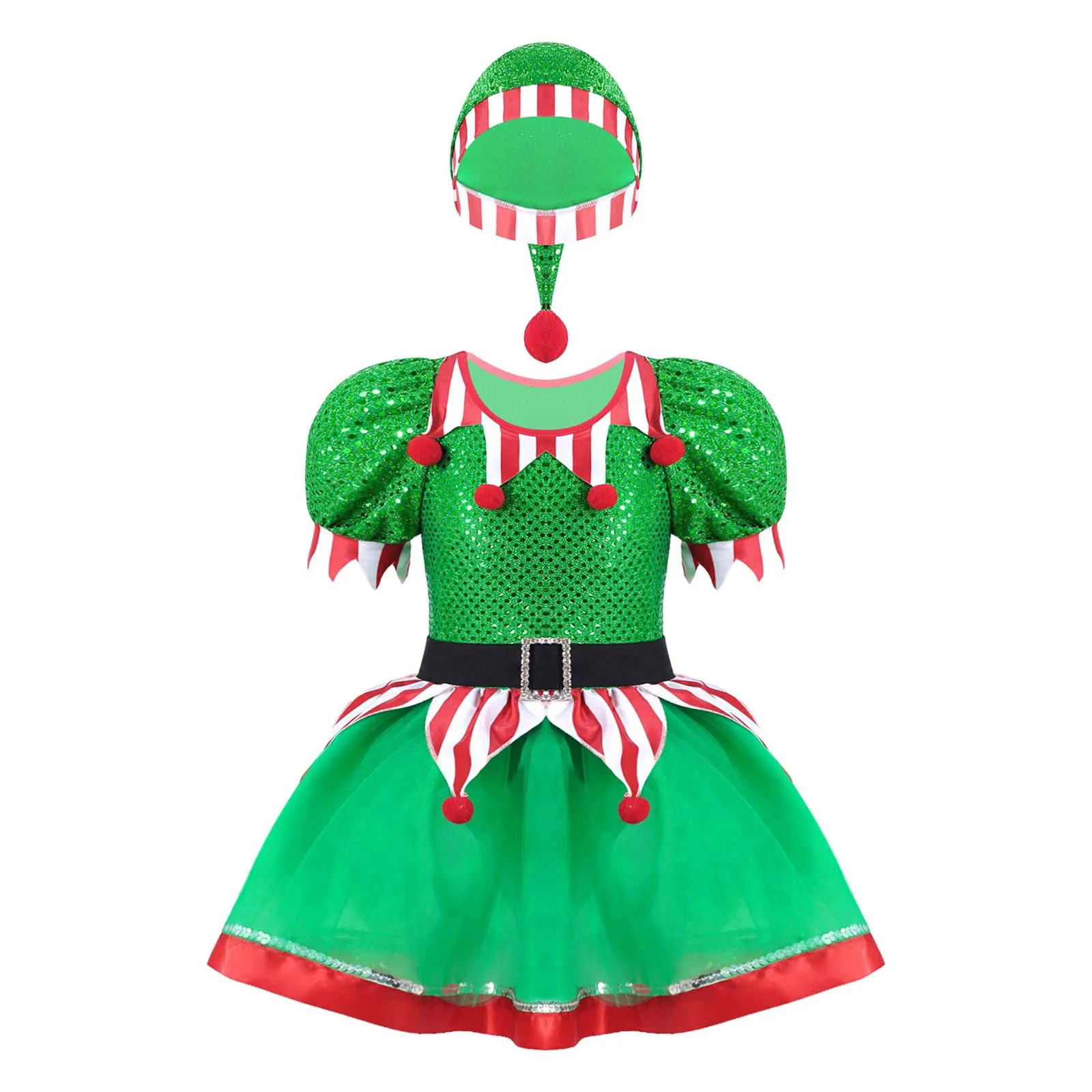 

Kids Girls Christmas Elf Cosplay Costume Shiny Sequins Pompoms Adorned Mesh Tutu Dress with Hat Set Fancy Party Dress Up Outfits