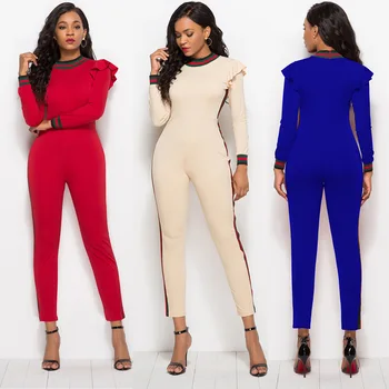 

Long-sleeved women's jumpsuits classic ruffle fashion solid color casual tights sexy bodysuit women one piece outfits Polyester