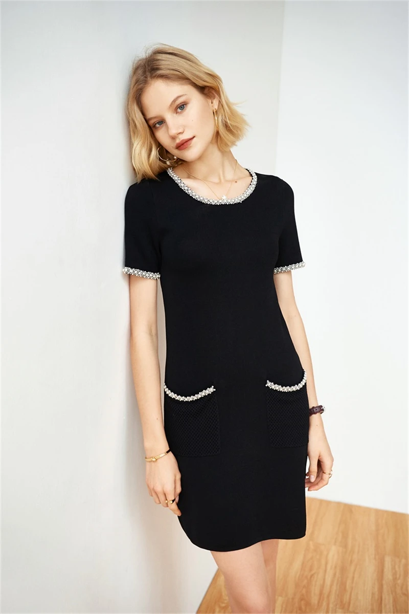 Tunjuefs Slim Fit выдалбливают карманы вязаное платье для женщин Vestido жемчужное Бисероплетение элегантное облегающее платье пуловеры комбинезон