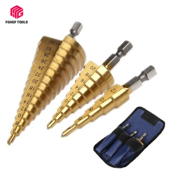 

FGHGF 3pcs 1/4" Hss Step Cone Taper Drill Bit Cutter Set Hole Metric Titanium Coated Metal Hex Stepped Drill Bits 4-12/20/32mm