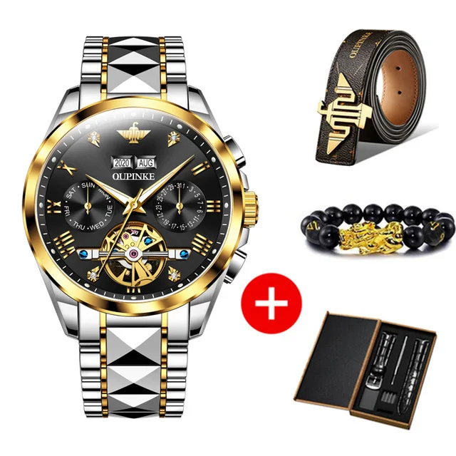 US $216.00 OUPINKE Top Brand Luxury Men Watches Automatic Black Watch Men Tungsten Steel Waterproof Business Sport Mechanical Wristwatch