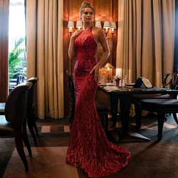 Halter Red Evening Dresses Sleeveless Off-The-Shoulder Dress Sequined Mermaid Prom Gowns 2022 Floor-Length Vestido De Noiva