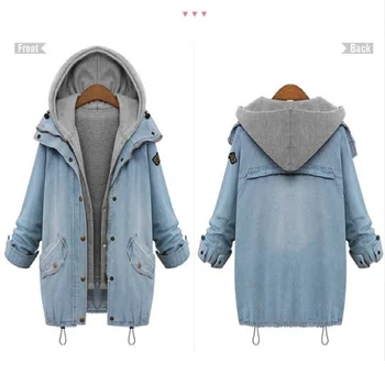 

ZOGAA 2019 Plus Size Winter Women Coats Cotton Long Sleeve Outwear 2 Piece Suit Hooded Denim Coat Jacket Sweatshirt Female