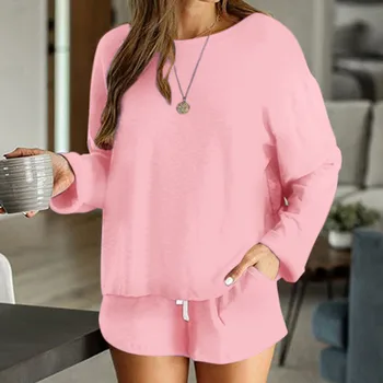 

Summer Pajama Set Women Casual Outfits Long Sleeve T Shirt Drawstring Shorts Set Pajamas Autumn Spring O-neck Loose Home Wear
