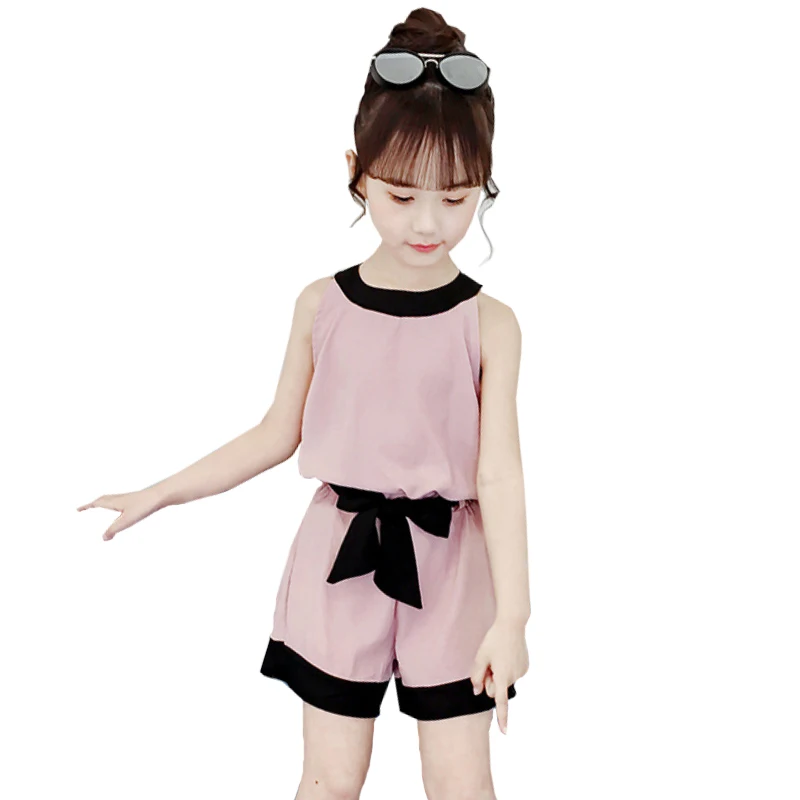 

3-10Age girl clothes Pure cotton summer two-piece T-shirt + half-length pants bowknot accessories fashion quality child clothing