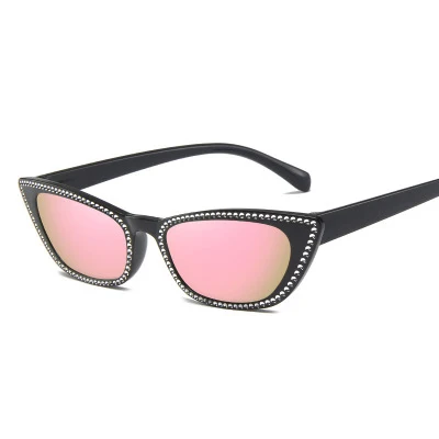 Black pink Имитация солнцезащитные очки с бриллиантами Женские брендовые дизайнерские роскошные квадратные солнцезащитные очки со стразами кошачий глаз женские прямоугольные очки оттенки - Цвет линз: Black pink