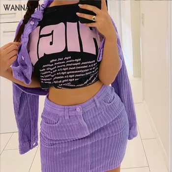 

Wannathis Corduroy Purple Zipper Pockets Mini Skirts Women Casual Winter High Waist Striped Skinny Stretchy Thick Stripe Skirts