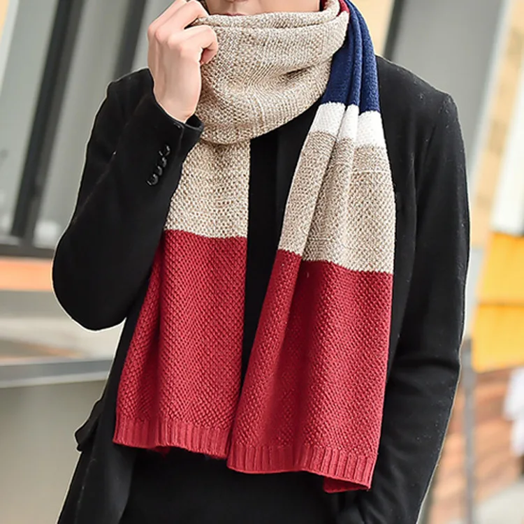 2021 Winter Warm Long Knitted Scarf Men's Korean Fashion New Wool Jersey Color Matching Plaid Wild Thick Scarves Boy Students mens head wrap bandana