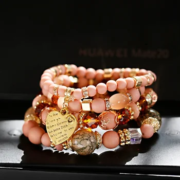 

OIQUEI 4Pcs/Lot Women's Bracelets&Bangles Boho Vintage Gold Heart Pendant Natural Stone Beads Wrap Bracelets pulseira feminina
