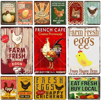 

Happy Chicken Vintage Metal Signs Fresh Eggs Farm Decor Tin Signs Pub Plates Metal Crafts Painting Plaques Art Poster