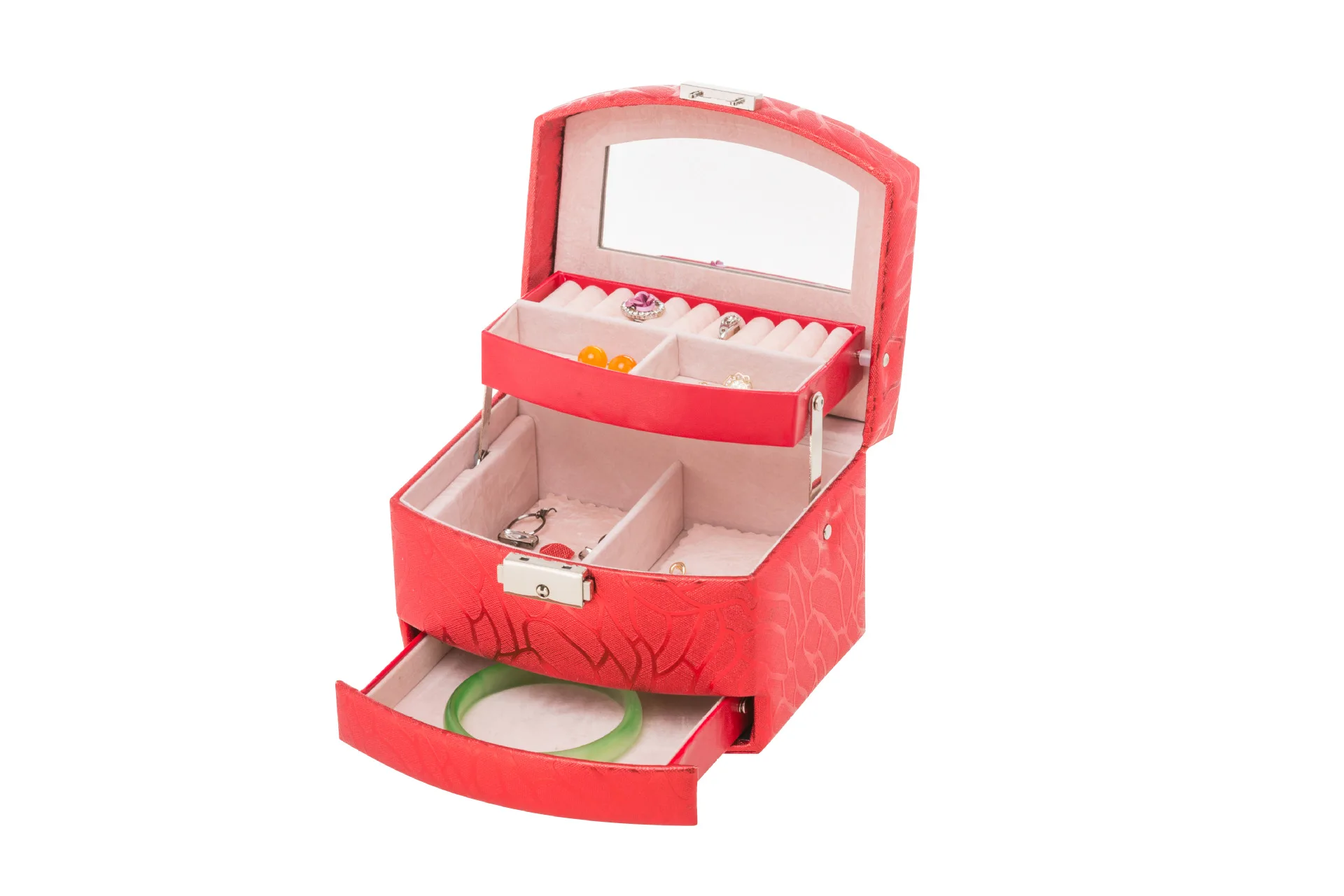 

Glass Pattern PU Leather Jewelry Box Semi-automatic Three Layer Portable Jewlery Box Travel Earrings Box