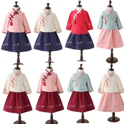 8 видов цветов атласное платье в традиционном китайском стиле для девочек Hanfu/новый модный детский топ Ципао + юбка платья с длинными