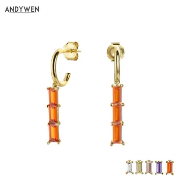 

ANDYWEN 925 Sterling Silver Colorful Red Crystal CZ Zircon Hoops Slim Earring Line Long Chain Women Fashion Piercing Jewelry