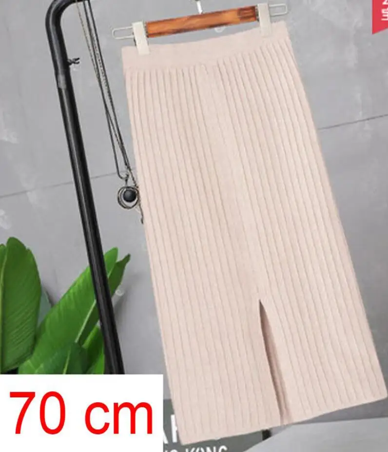 Beige 70cm Women Back Slit Bodycon Elegant Midi Pencil Skirt Autumn Winter Casual Knitted Skirt High Waist Skirts Womens Jupe Femme Faldas - Цвет: Beige 70cm