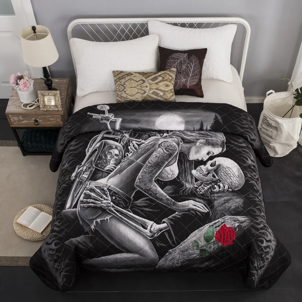

3D Quilt Bedspread Sexy Girl Skull Red rose Motorcycle Cotton blend Bedding bedspreads for Kid Adult 230x230CM