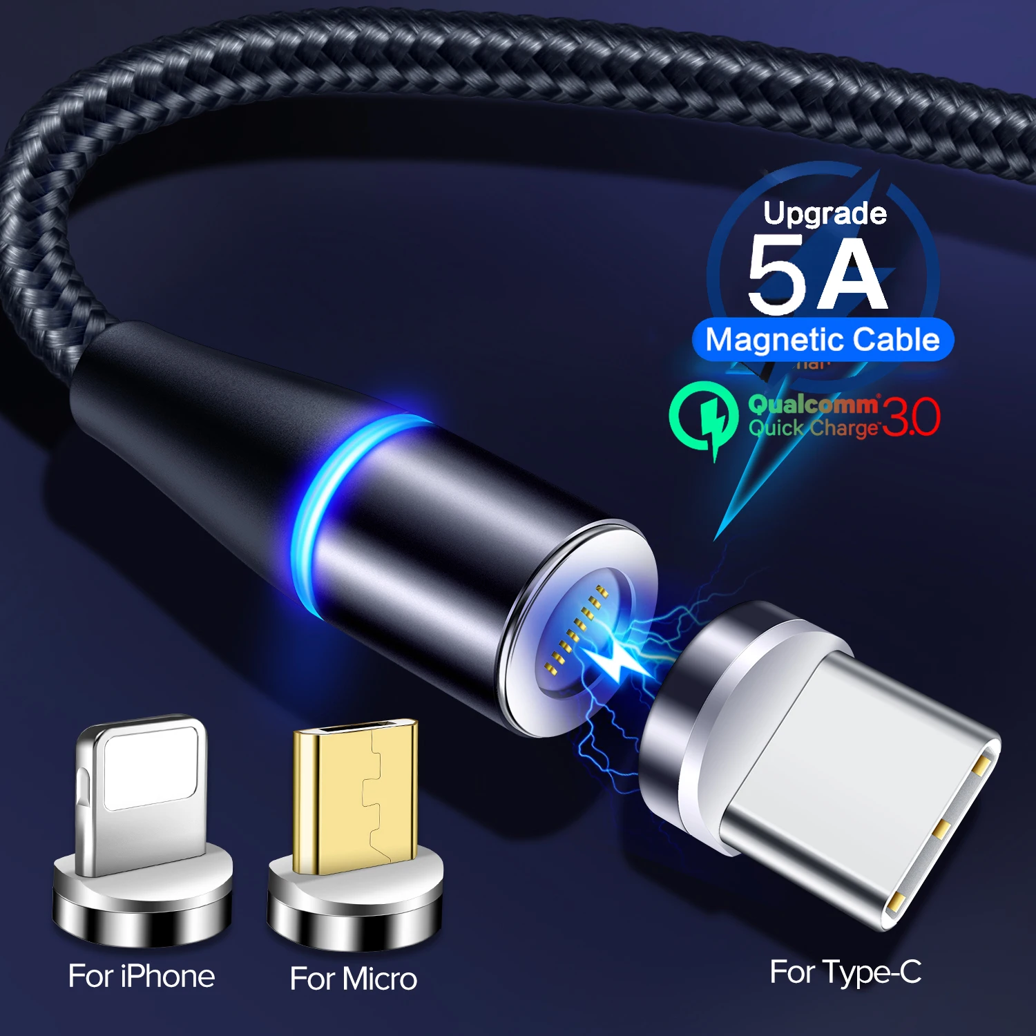 

5A Magnetic Charging Cable Quick Charge 3.0 Micro USB Charger Type C for IPhone XR MAX Samsung S9 Magnet Phone Cord USB Cable