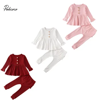 

Kids Baby Girl Sweet Clothes Set Winter Toddler Infant Knitted Long Sleeve Round Neck Tops Pants Solid Pure Color Outfit 2019