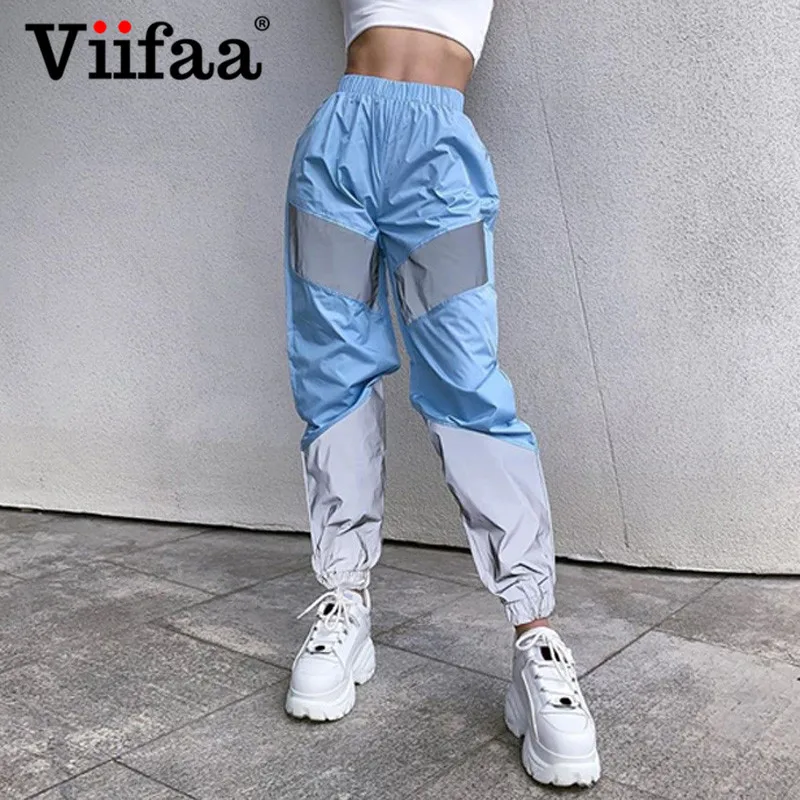 Viifaa цветной блок двухцветные Светоотражающие бегуны спортивные штаны для женщин осень зима эластичная талия хип хоп брюки уличная