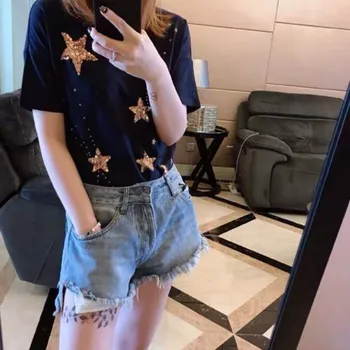 

French chic Women T-shirt 2019 Summer stars Sequin Dark Blue Cotton T-Shirt