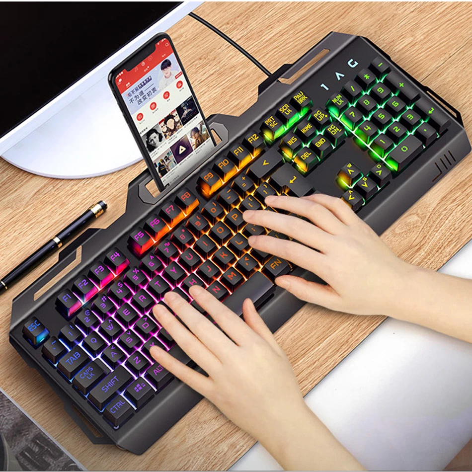 

Gaming Keyboard Backlight Wired USB Mechanical Feel Gamer RGB Keyboard 104Keys For Tablet Desktop Computer With Phone Holder