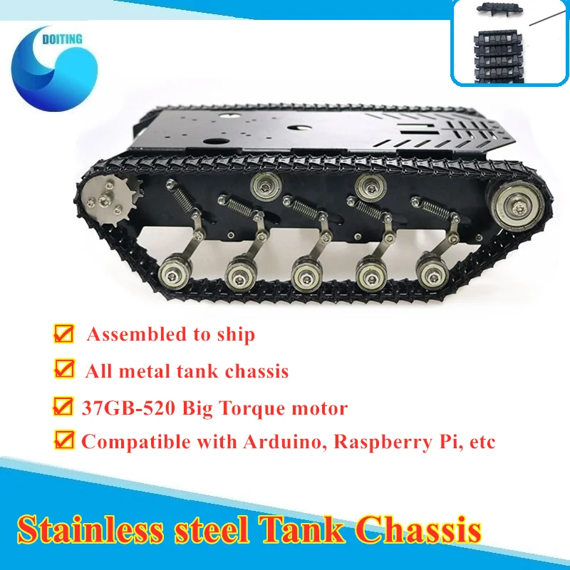 

Shock Absorber Stainless Steel Tank Truck Intelligent Robot Chassis Metal Pedrail with Dual DC 12V Motor for Arduino Rasberry Pi