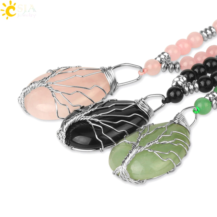 CSJA Tree of Life Wire Wrap Water Drop Pendants Chakra Natural Stone Aventurine Pink Crystal Beaded Necklaces for Women Men S476