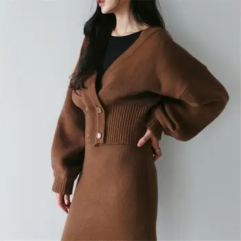 

Women Autumn Winter Puff Sleeve Sweater And Skirt Two Piece Suit Casual Knitted Cardigan Long Skirt Sweater Suit