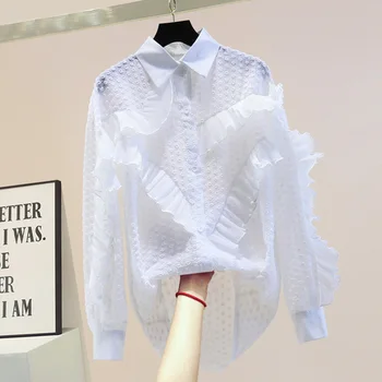 

Ruffled Shirt for Women Summer Loose White Shirts Top Temperament Polka Dot Pleated Chiffon Blouse Office Lady's Tops Blusa