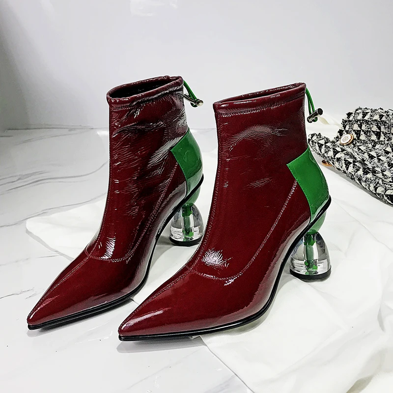 

LIDIAN 2019 FASHION STRETCH PATENT LEATHER BOOTS BLACK WINE LEATHER POINTED TOE GREEN TRANSPARENT HEELS