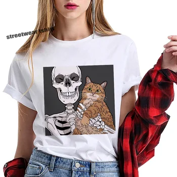 

Hot 2020 Skull and Cute Cat Mouse Pattern Women T shirt Harajuku 90s Female Gothic Short Sleeve kawaii Casaul Oversize Tee Tops