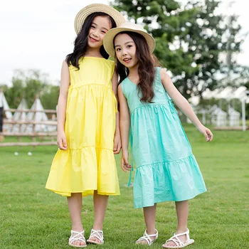 

New 2020 Summer Girls Dresses Ruffles Children Cute Dress Baby Sleeveless Dress Bow Cotton Brief Kids Sundress Cotton, #8405