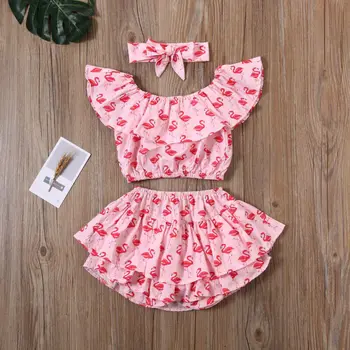 

AU Toddler Baby Girl Flamingo Sunsuit Clothes Ruffle Tops + Pants + Headband Set