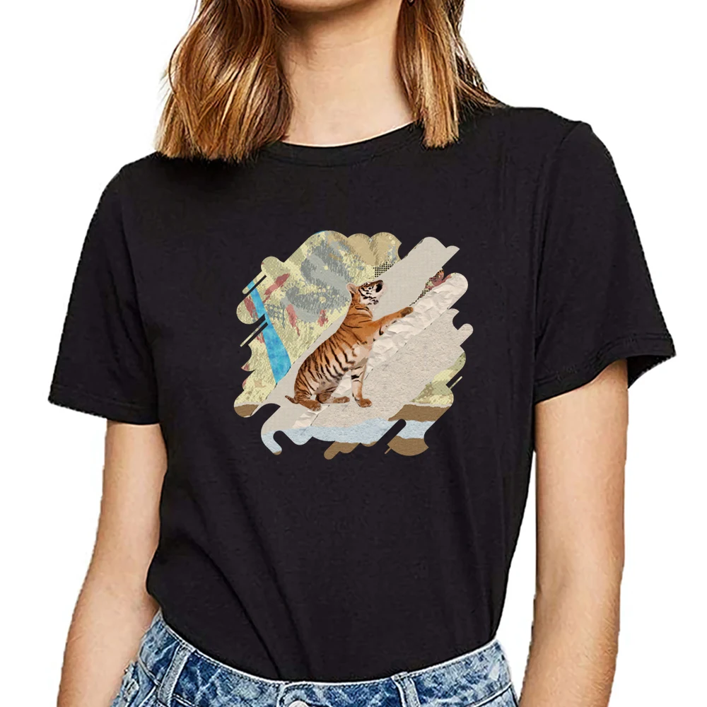 Tops T Shirt Women tiger cub mixed media digital art Hip Hop Vintage Custom Female Tshirt | Женская одежда