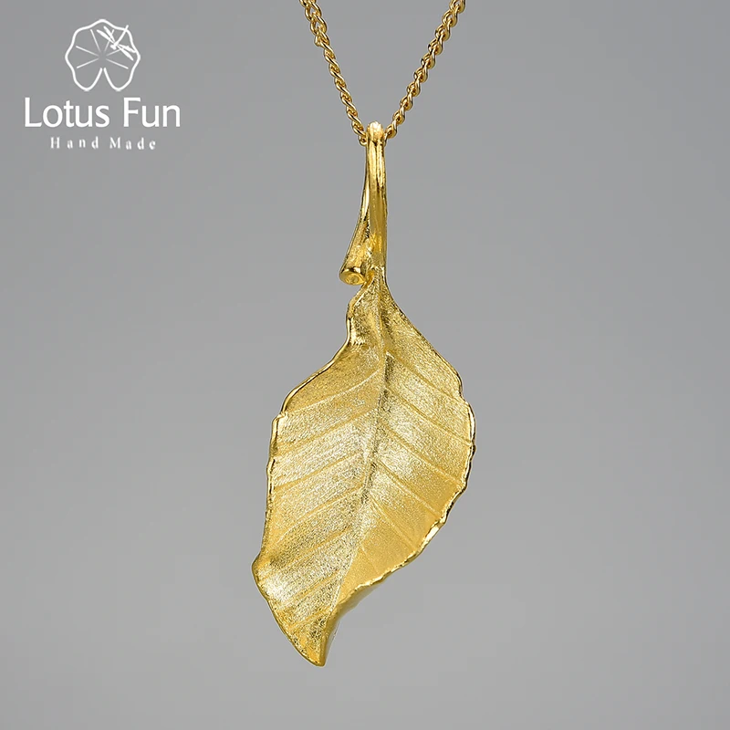 Lotus Fun Vintage Luxury 18K Gold Elegant Autumn Long Leaves Pendant Necklace for Women Sterling Silver 925 Jewelry 2021 Trend