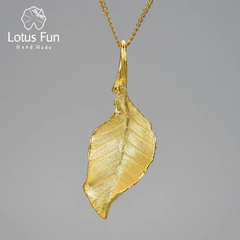 Lotus Fun Vintage Luxury 18K Gold Elegant Autumn Long Leaves Pendant Necklace for Women Sterling Silver 925 Jewelry 2021 Trend