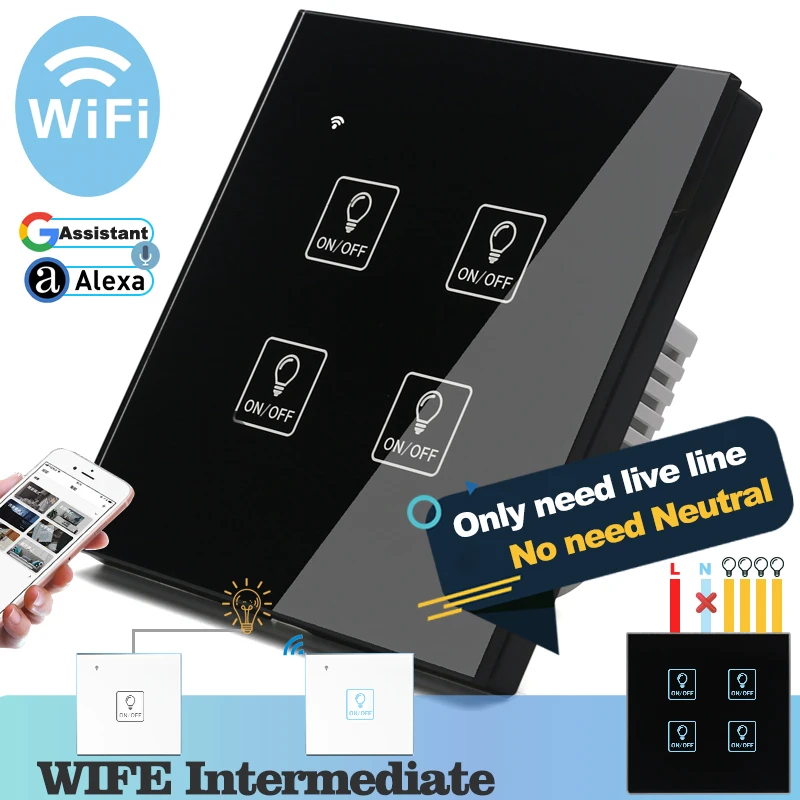 (Не нужен нейтральный) сенсорный светильник енный выключатель с Wi Fi черное стекло